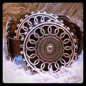 Concho Brown Leather Belt w Iridescent Stones
